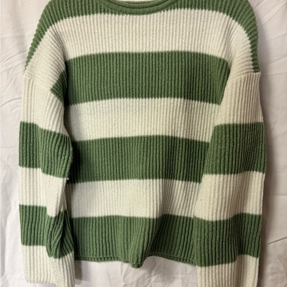 SHEIN Green and White Striped Crew Neck Sweater